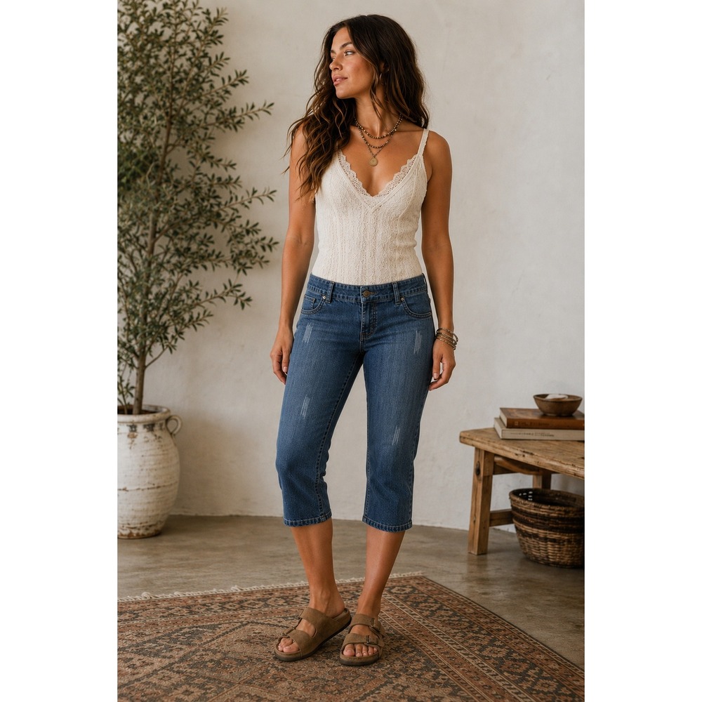 Maripily Medium Wash Distressed Denim Capri Jeans Size 15 Y2K Stretch Colombian